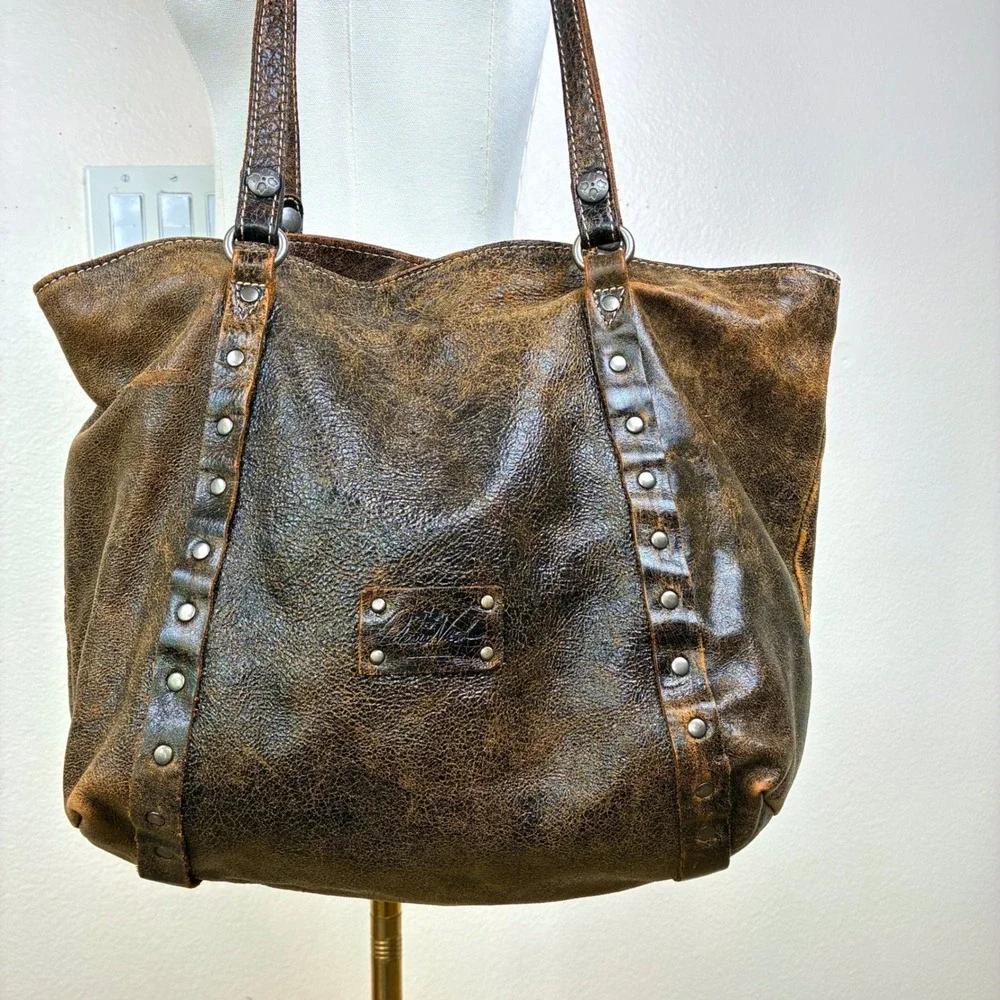 Patricia Nash Bag Italy Oversized Genuine Leather Brown Distressed Studded Boho